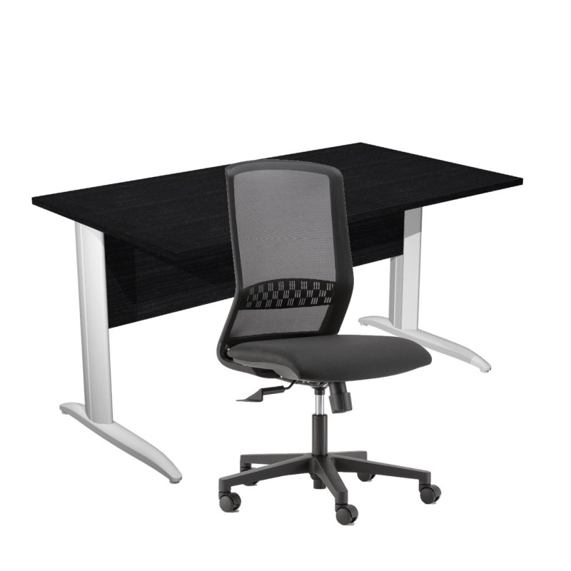 Pack Bureau droit Pronto Métal - L.140 x P.80 cm - Plateau Noir - Pieds L Blanc + siège Tekna Tissu Noir
