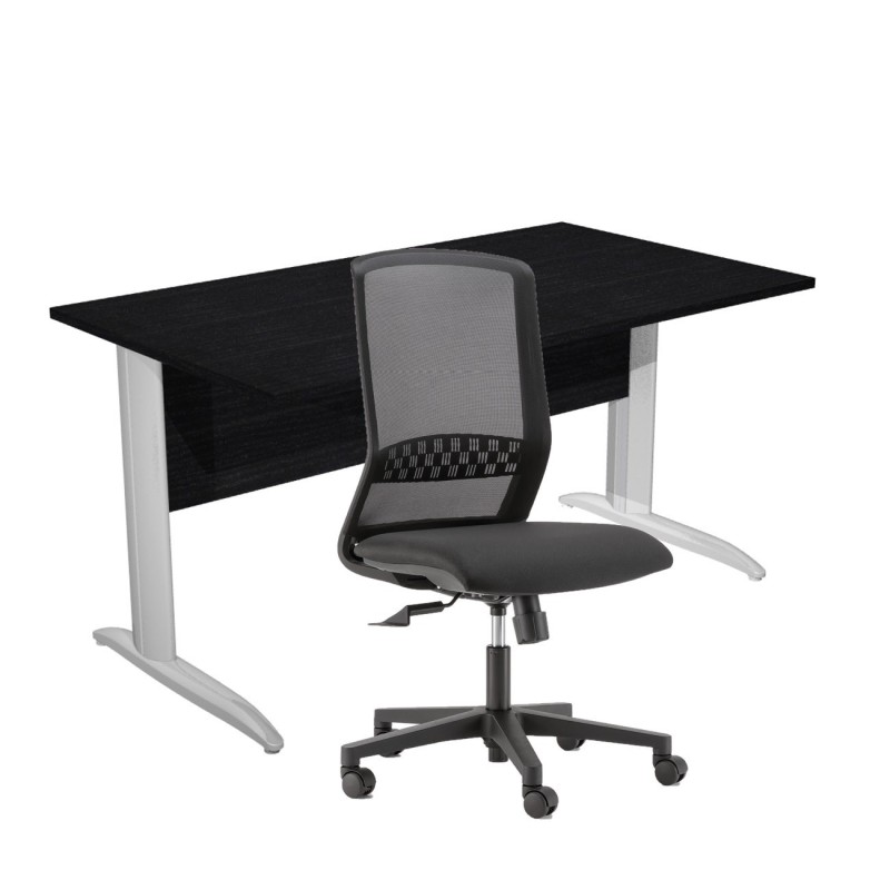 Pack Bureau droit Pronto Métal - L.140 x P.80 cm - Plateau Noir - Pieds L Chrome + siège Tekna Tissu Noir