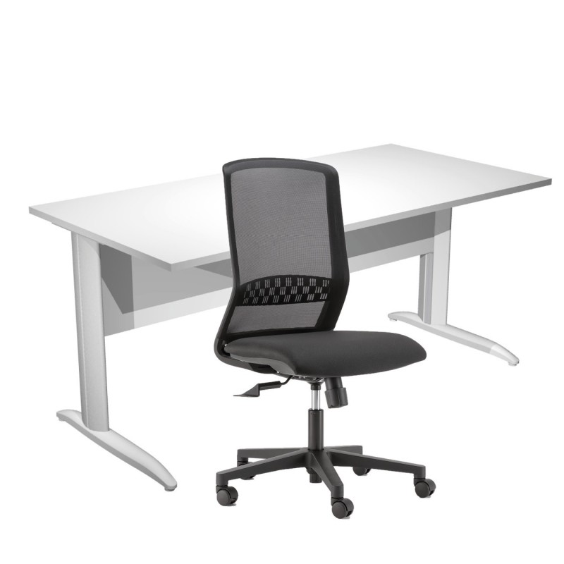 Pack Bureau droit Pronto Métal - L.160 x P.80 cm - Plateau Blanc - Pieds L Aluminium + siège Tekna Tissu Noir