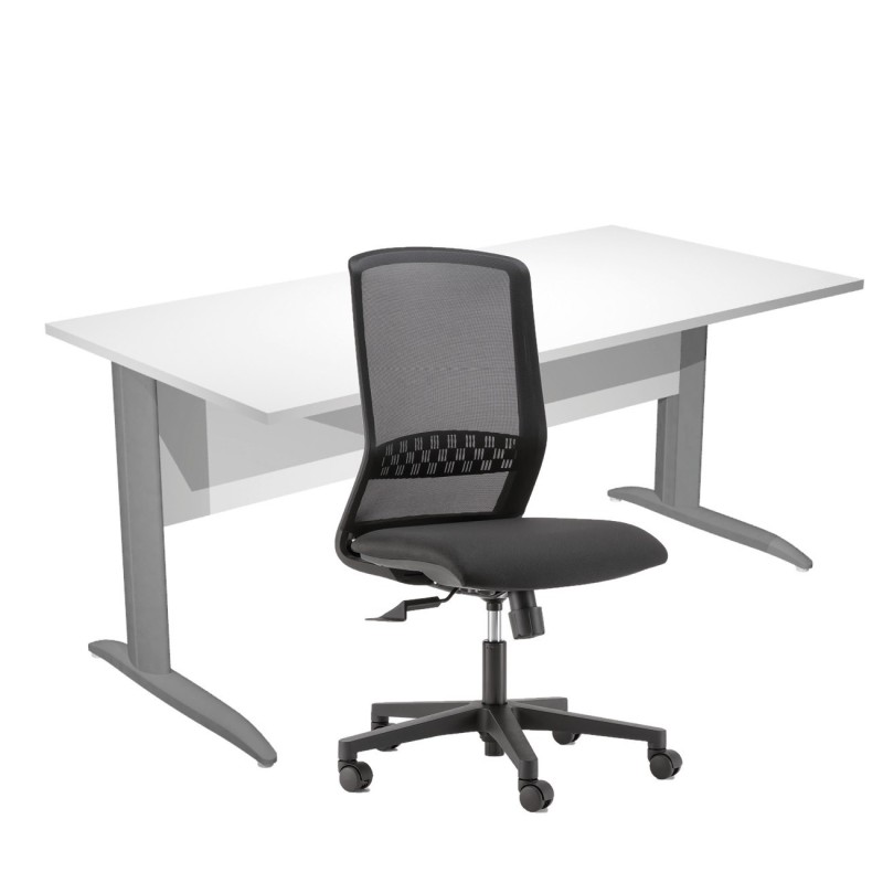 Pack Bureau droit Pronto Métal - L.160 x P.80 cm - Plateau Blanc - Pieds L Anthracite + siège Tekna Tissu Noir