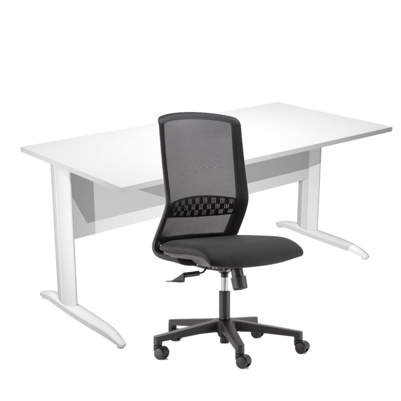 Pack Bureau droit Pronto Métal - L.160 x P.80 cm - Plateau Blanc - Pieds L Blanc + siège Tekna Tissu Noir