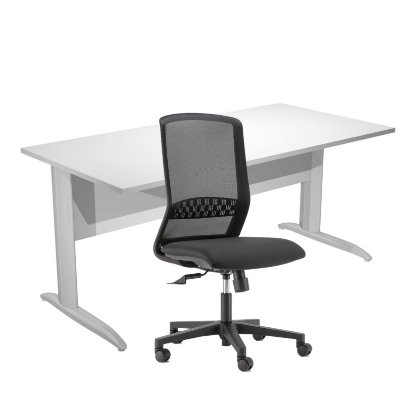 Pack Bureau droit Pronto Métal - L.160 x P.80 cm - Plateau Blanc - Pieds L Chrome + siège Tekna Tissu Noir