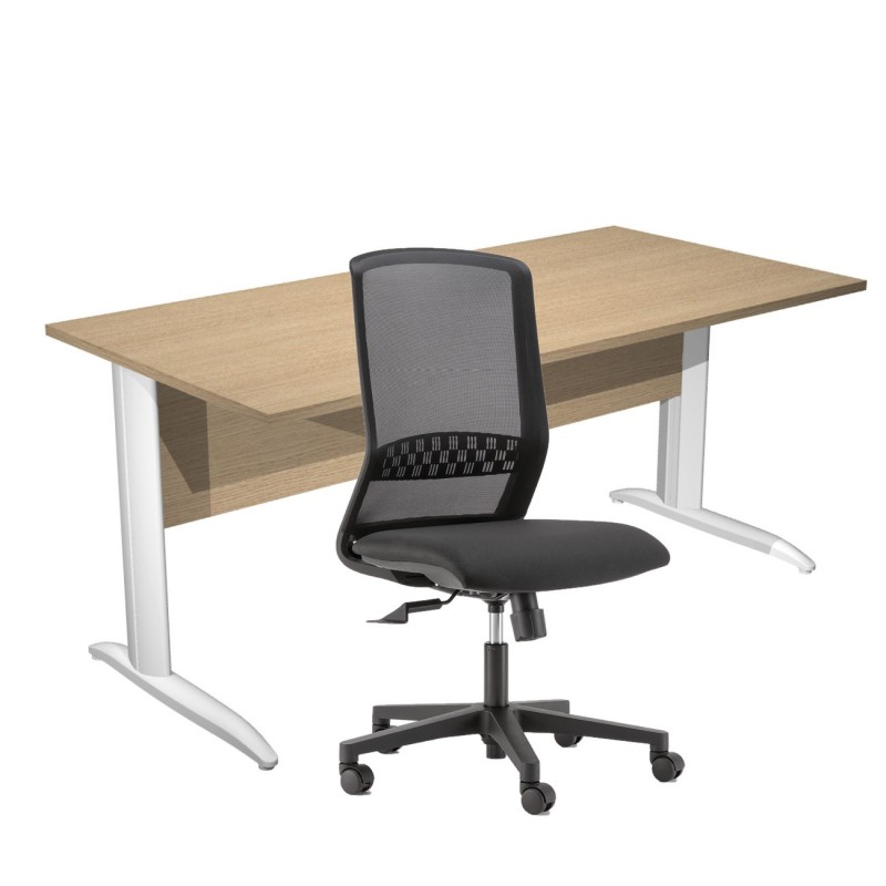 Pack Bureau droit Pronto Métal - L.160 x P.80 cm - Plateau Chêne - Pieds L Blanc + siège Tekna Tissu Noir