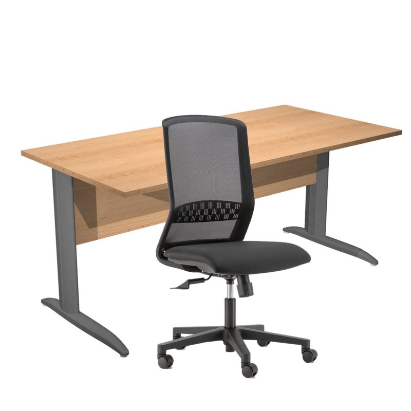 Pack Bureau droit Pronto Métal - L.160 x P.80 cm - Plateau Hêtre - Pieds L Anthracite + siège Tekna Tissu Noir