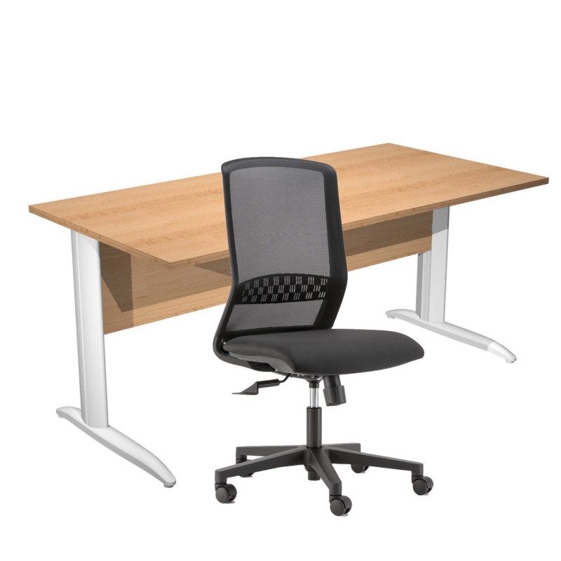 Pack Bureau droit Pronto Métal - L.160 x P.80 cm - Plateau Hêtre - Pieds L Blanc + siège Tekna Tissu Noir