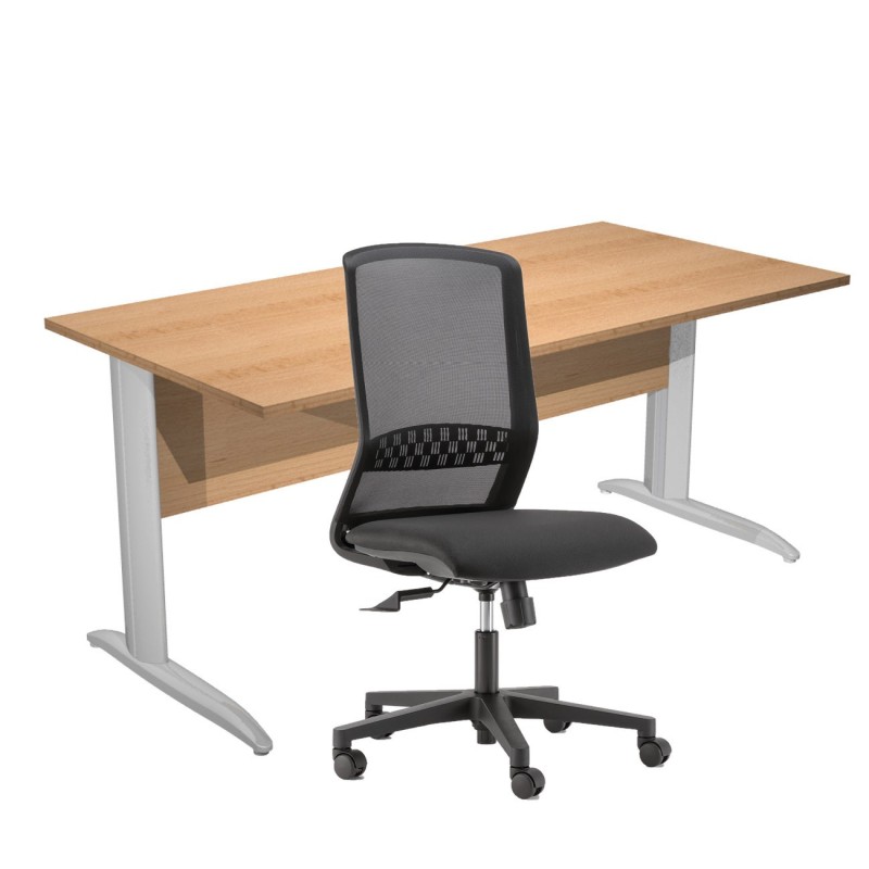 Pack Bureau droit Pronto Métal - L.160 x P.80 cm - Plateau Hêtre - Pieds L Chrome + siège Tekna Tissu Noir