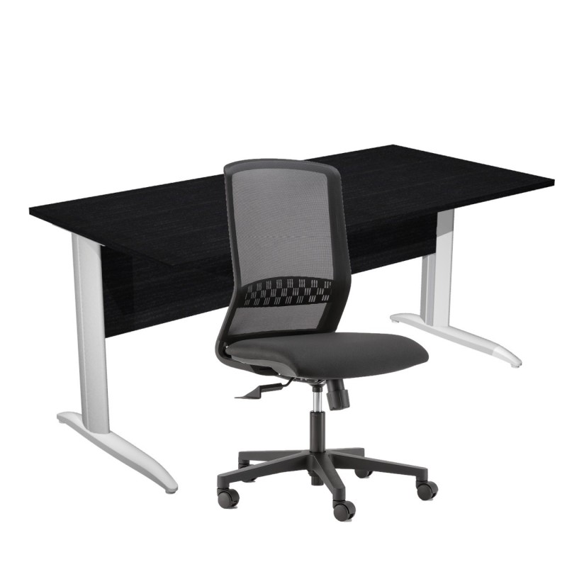 Pack Bureau droit Pronto Métal - L.160 x P.80 cm - Plateau Noir - Pieds L Aluminium + siège Tekna Tissu Noir