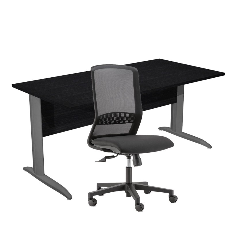 Pack Bureau droit Pronto Métal - L.160 x P.80 cm - Plateau Noir - Pieds L Anthracite + siège Tekna Tissu Noir