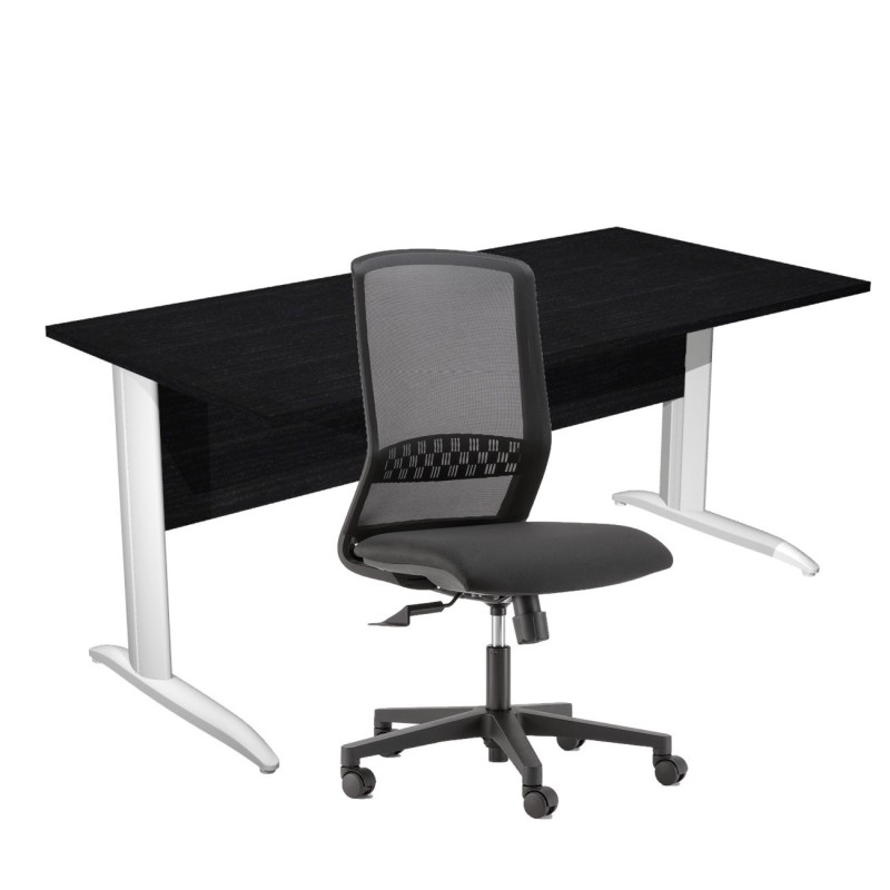 Pack Bureau droit Pronto Métal - L.160 x P.80 cm - Plateau Noir - Pieds L Blanc + siège Tekna Tissu Noir