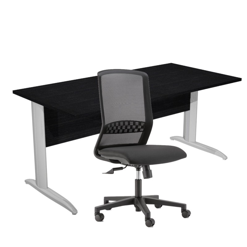 Pack Bureau droit Pronto Métal - L.160 x P.80 cm - Plateau Noir - Pieds L Chrome + siège Tekna Tissu Noir