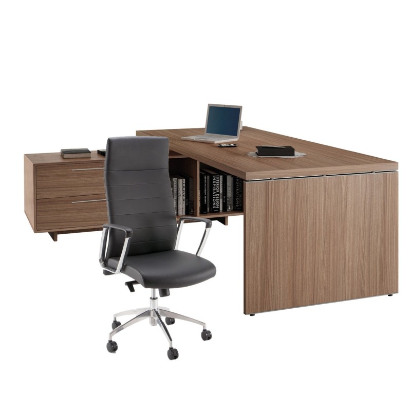 Pack Direction Bureau Flore avec retour suspendu - L.195 x P.170 cm - Plateau Noyer - Pieds panneaux + Fauteuil Nell simili cuir Noir