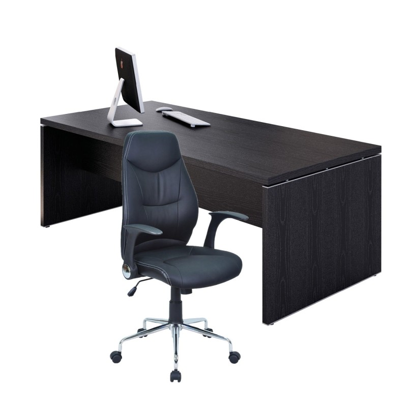 Pack Direction Bureau droit Flore L.180 x P.90 cm - Plateau Frêne noir - Pieds panneaux + Siège Performer simili cuir Noir