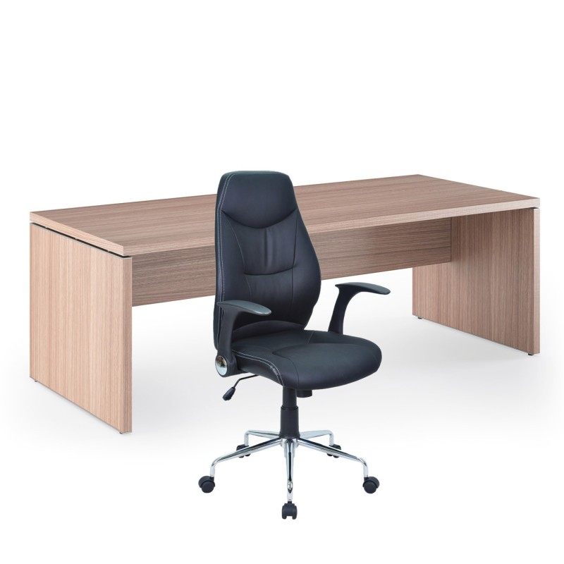 Pack Direction Bureau droit Flore L.180 x P.90 cm - Plateau Noyer - Pieds panneaux + Siège Performer simili cuir Noir