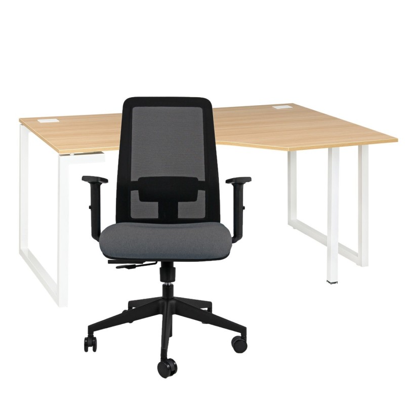 Pack bureau d'angle compact retour à droite Vitaly L.160 x P.105 cm Chêne pieds Blanc + siège Naïa maille Anthracite