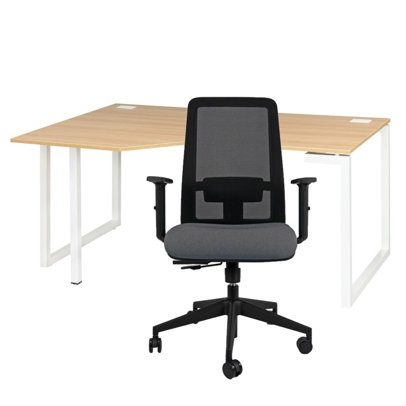 Pack bureau d'angle compact retour à gauche Vitaly L.160 x P.105 cm Chêne pieds Blanc + siège Naïa maille Anthracite
