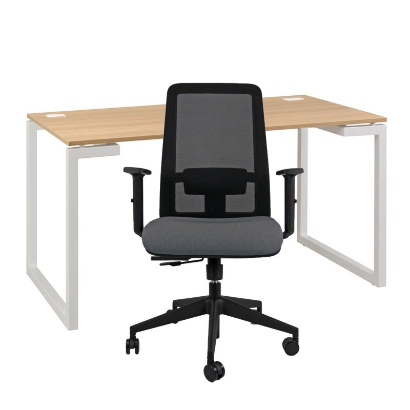 Pack bureau droit Vitaly L.160 x P.80 cm Chêne pieds Blanc + siège Naïa maille Anthracite