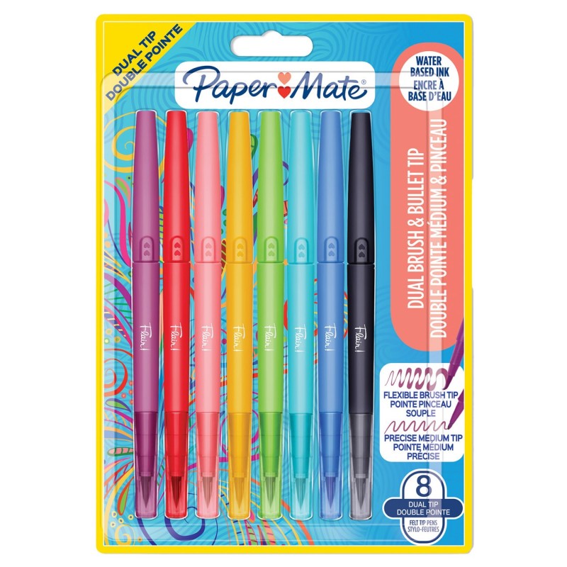 Paper Mate Flair Dual - Stylo feutre à double pointe pinceau et moyenne - Pochette 8 couleurs assorties