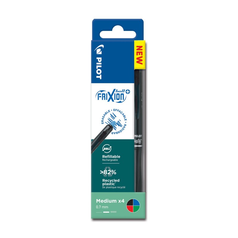Pilot FriXion Ball Plus Begreen - Stylo roller encre gel effaçable et rechargeable - Pointe moyenne - Pochette de 4 assortis