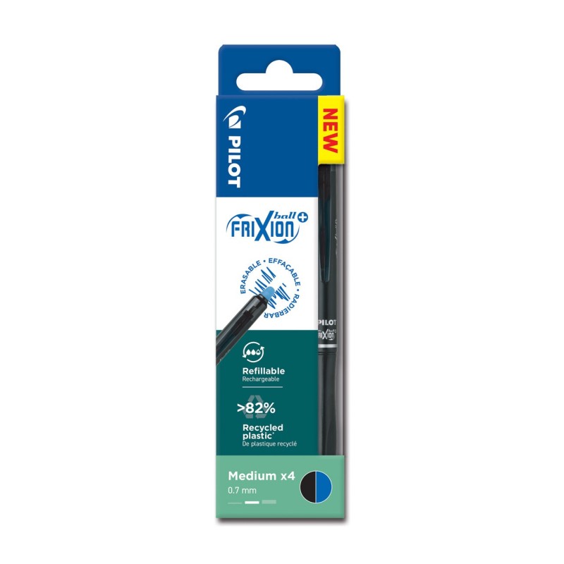 Pilot FriXion Ball Plus Begreen - Stylo roller encre gel effaçable et rechargeable - Pointe moyenne - Pochette de 4 bleu/noir