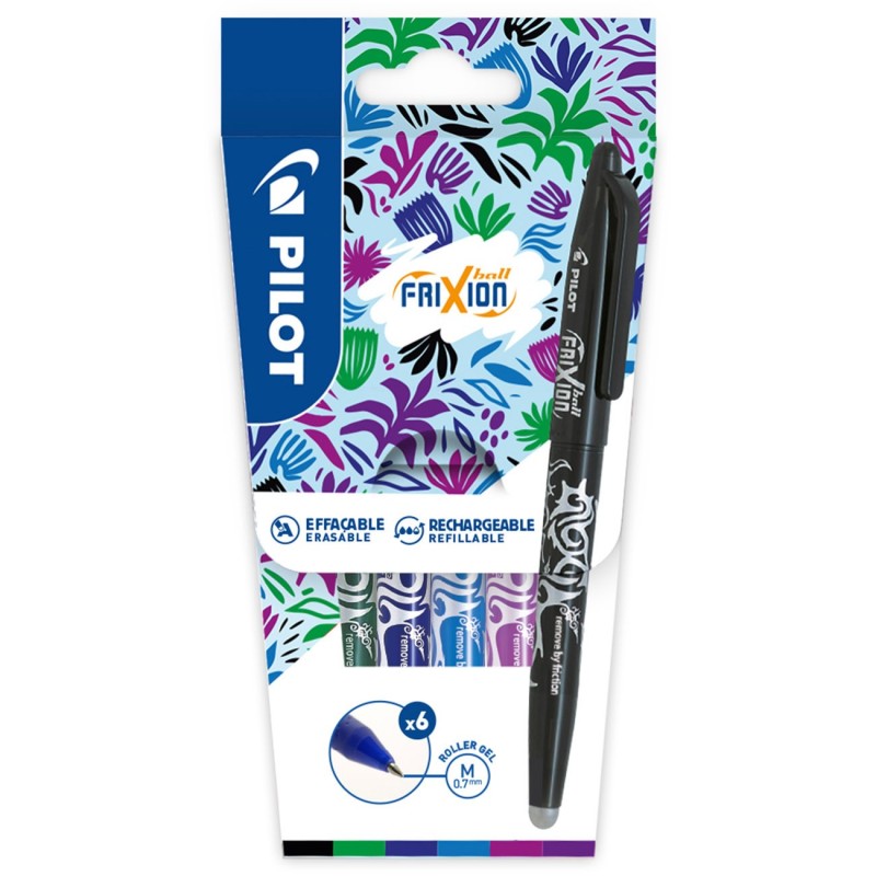 Pilot FriXion Ball roller encre gel effaçable pointe moyenne 0,7 mm - Pochette de 6 couleurs assorties tons froids