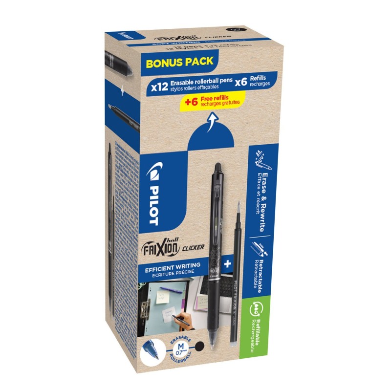 Pilot FriXion Clicker Stylo roller rétractable encre gel effaçable pointe moyenne 0,7 mm - Noir - Pack de 12 stylos + 12 recharges