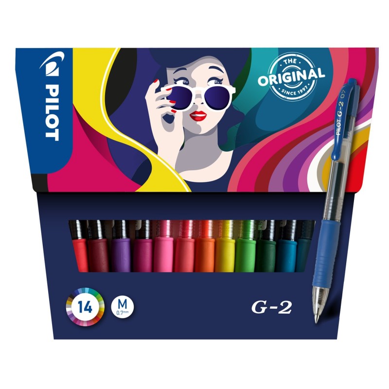 Pilot G2 Stylo roller encre gel rétractable pointe moyenne 0,7 mm - Pochette de 14 couleurs assorties