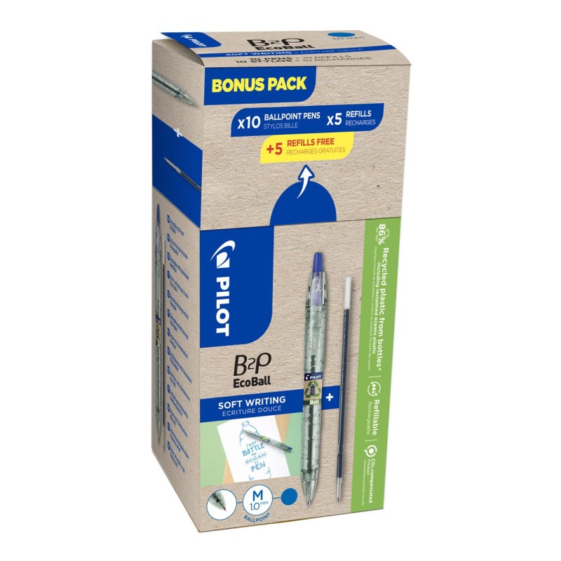 Pilot Greenpack B2P Ecoball - Stylo bille rétractable pointe large 1mm Bleu - lot 10 stylos + 10 recharges dont 5 offertes