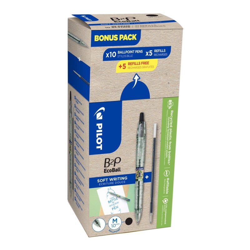 Pilot Greenpack B2P Ecoball - Stylo bille rétractable pointe large 1mm Noir - lot 10 stylos + 10 recharges dont 5 offertes