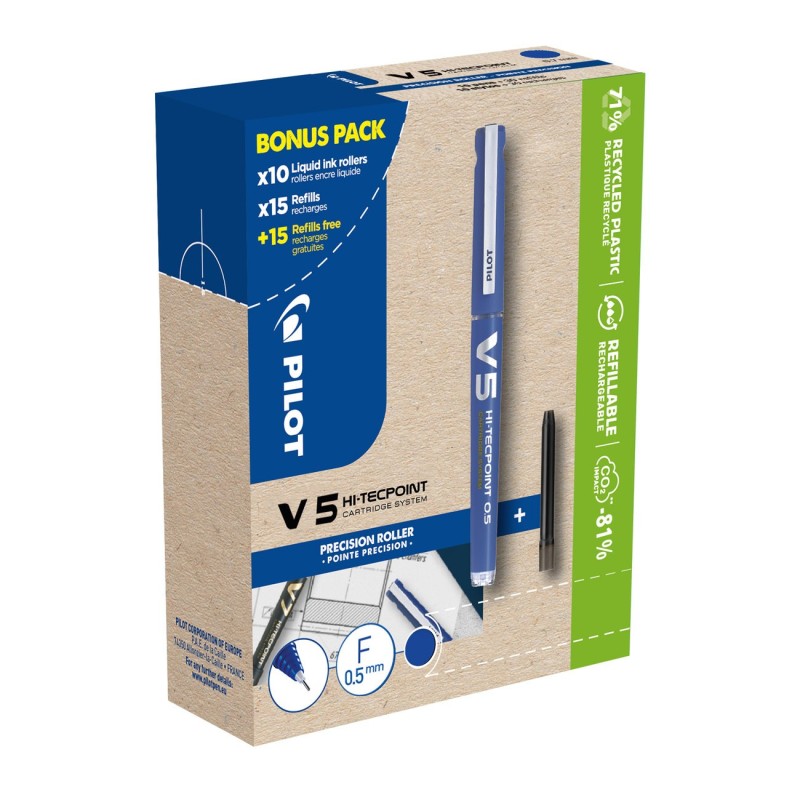 Pilot Greenpack Hi-Tecpoint V5 - Stylo roller rechargeable pointe fine 0,5 mm - Bleu - Pack de 10 + 30 recharges