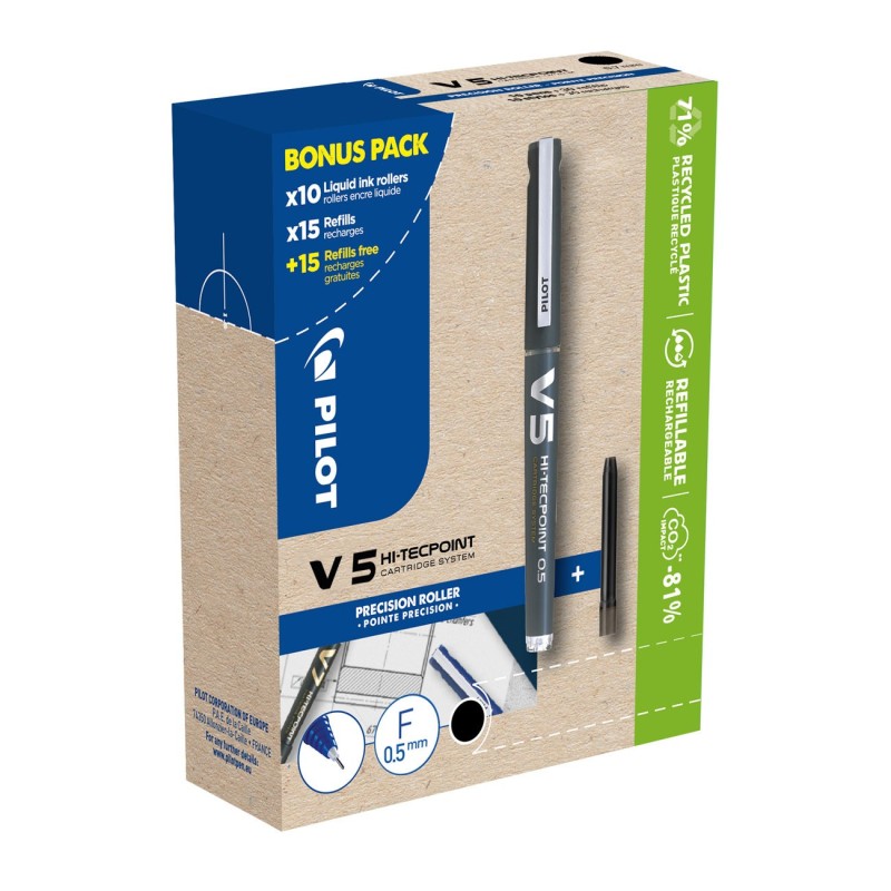 Pilot Greenpack Hi-Tecpoint V5 - Stylo roller rechargeable pointe fine 0,5 mm - Noir - Pack de 10 + 30 recharges