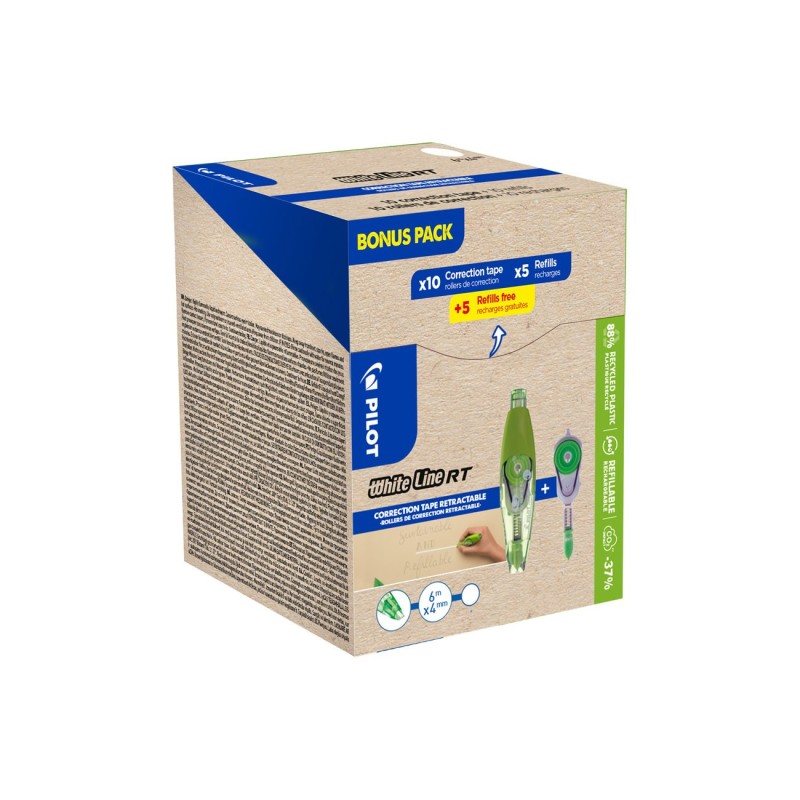 Pilot Greenpack Roller de correction Whiteline RT 4mm x 6m - lot de 10 + 10 recharges