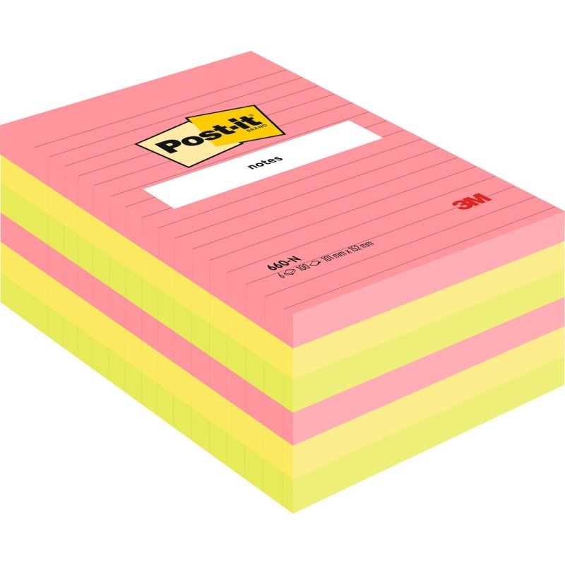 Post-it Notes Repositionnables Lignées Rectangle Néon 102 x 152 mm Assortis - lot de 6 blocs de 100 Feuilles