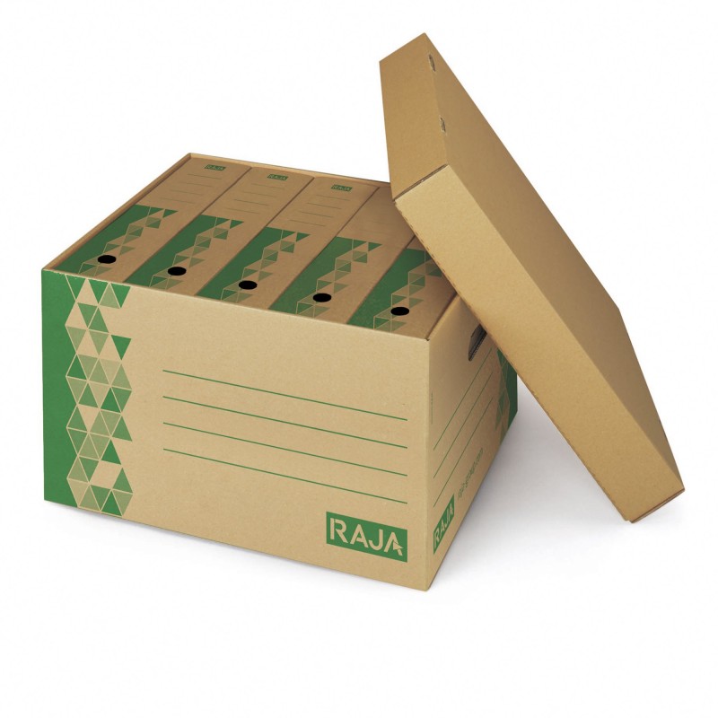 RAJA Caisse archives en carton recyclé avec couvercle séparé - Kraft / Vert  - Lot de 10