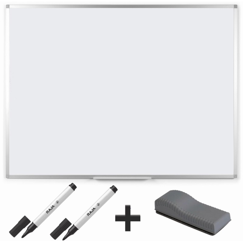 RAJA Pack Tableau blanc laqué magnétique L.90 x H.60 cm + 2 marqueurs effaçables noirs + 1 brosse magnétique