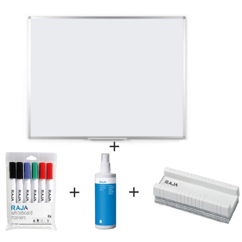 RAJA Pack tableau blanc emaillé surface magnétique cadre aluminium L.120 x H.90 cm + 8 accessoires
