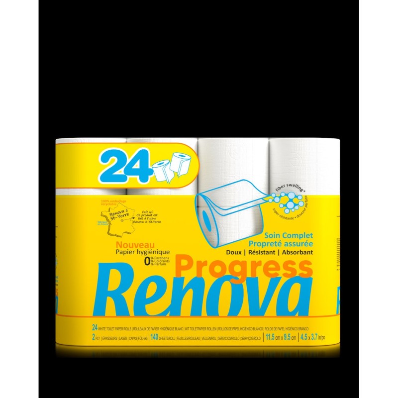 Renova Papier toilette Progress double épaisseur - Rouleau de 140 feuilles - Blanc - Lot de 24 rouleaux