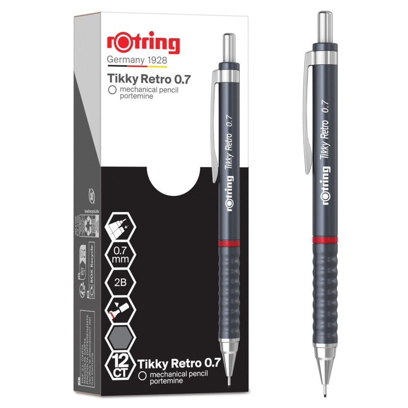 Rotring Porte mines rétro rOtring Tikky - Mine 2B 0,7 mm - Corps gris