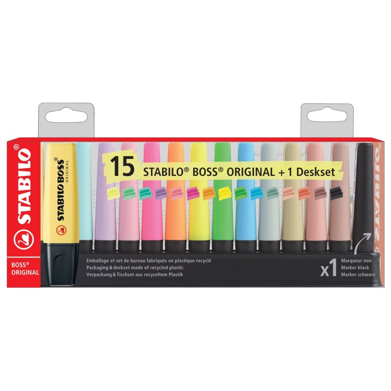 STABILO BOSS ORIGINAL - Surligneur pointe biseautée 2 et 5 mm - Set de bureau de 15 coloris assortis fluo, pastel + 1 marqueur noir