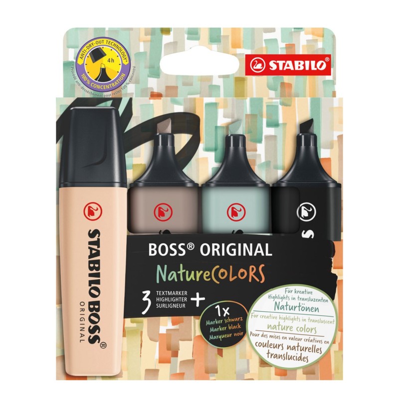 STABILO Boss Original - Surligneur pointe biseautée 2 et 5 mm - Coloris assortis Nature : Beige Gris Vert Noir - Pochette de 4