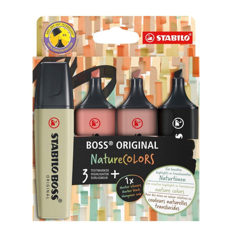 STABILO Boss Original - Surligneur pointe biseautée 2 et 5 mm - Coloris assortis Nature : Marron Orange Vert Noir - Pochette de 4
