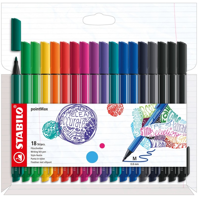 STABILO Stylo-feutre PointMAX - pointe large - Étui de 18 coloris d'encre assortis