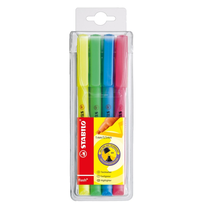 STABILO flash - Surligneur pointe biseautée 1 et 3,5 mm - Coloris assortis - Pochette de 4
