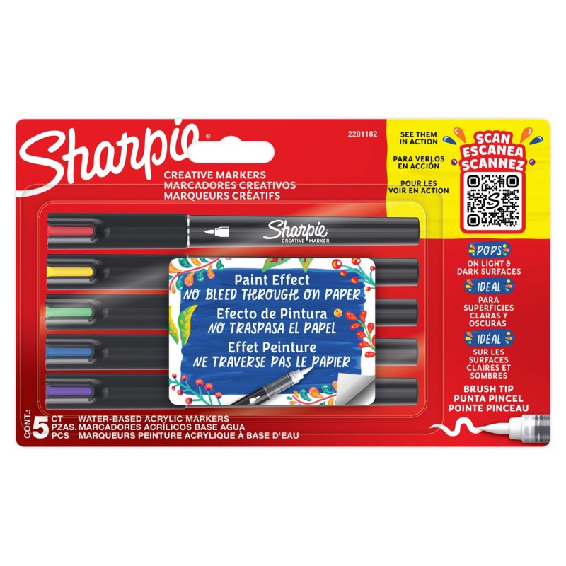Sharpie Marqueurs créatifs Brush à peinture acrylique - Pointe pinceau - Pochette de 5 coloris assortis
