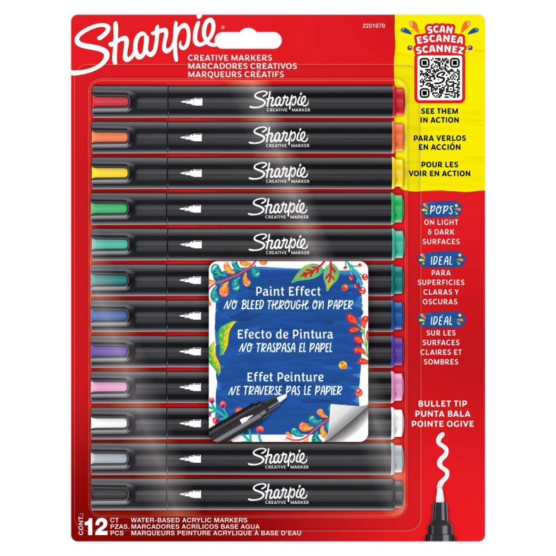 Sharpie Marqueurs créatifs à peinture acrylique - Pointe ogive - Pochette de 12 coloris assortis