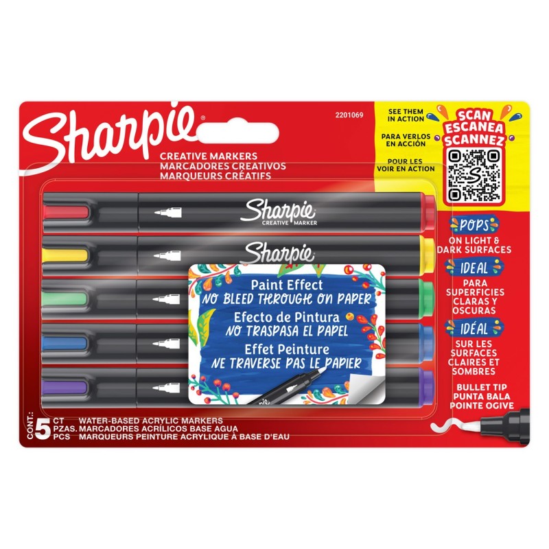Sharpie Marqueurs créatifs à peinture acrylique - Pointe ogive - Pochette de 5 coloris assortis
