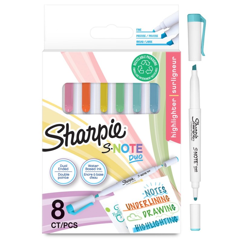Sharpie Surligneur à double pointe S-Note Duo - Pointe ogive et biseautée - Pochette de 8 coloris assortis