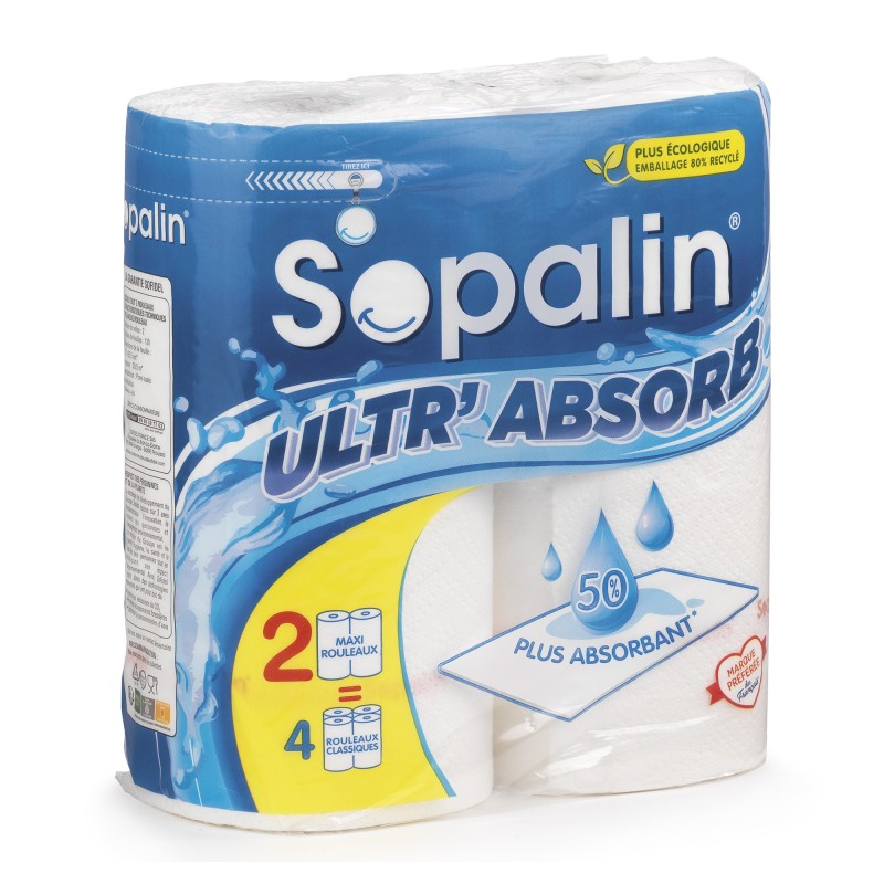 Sopalin Esuie-tout Ultr'Absorb maxi rouleaux de 130 feuilles gaufrées blanches - lot de 2