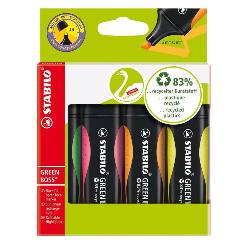 Stabilo Surligneur recyclé GREEN BOSS Pointe biseautée 2 - 5 mm - lot de 4 assortis