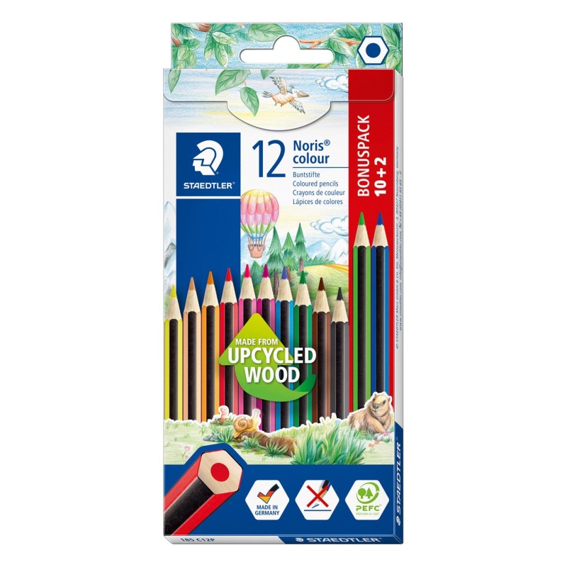 Staedtler Noris 185 Crayon de couleur hexagonal en bois upcyclé coloris assortis - Etui en carton de 10 + 2 offerts