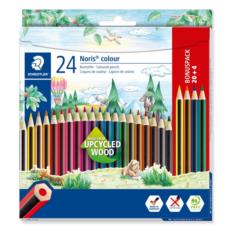 Staedtler Noris 185 Crayon de couleur hexagonal en bois upcyclé coloris assortis - Etui en carton de 20 + 4 offerts